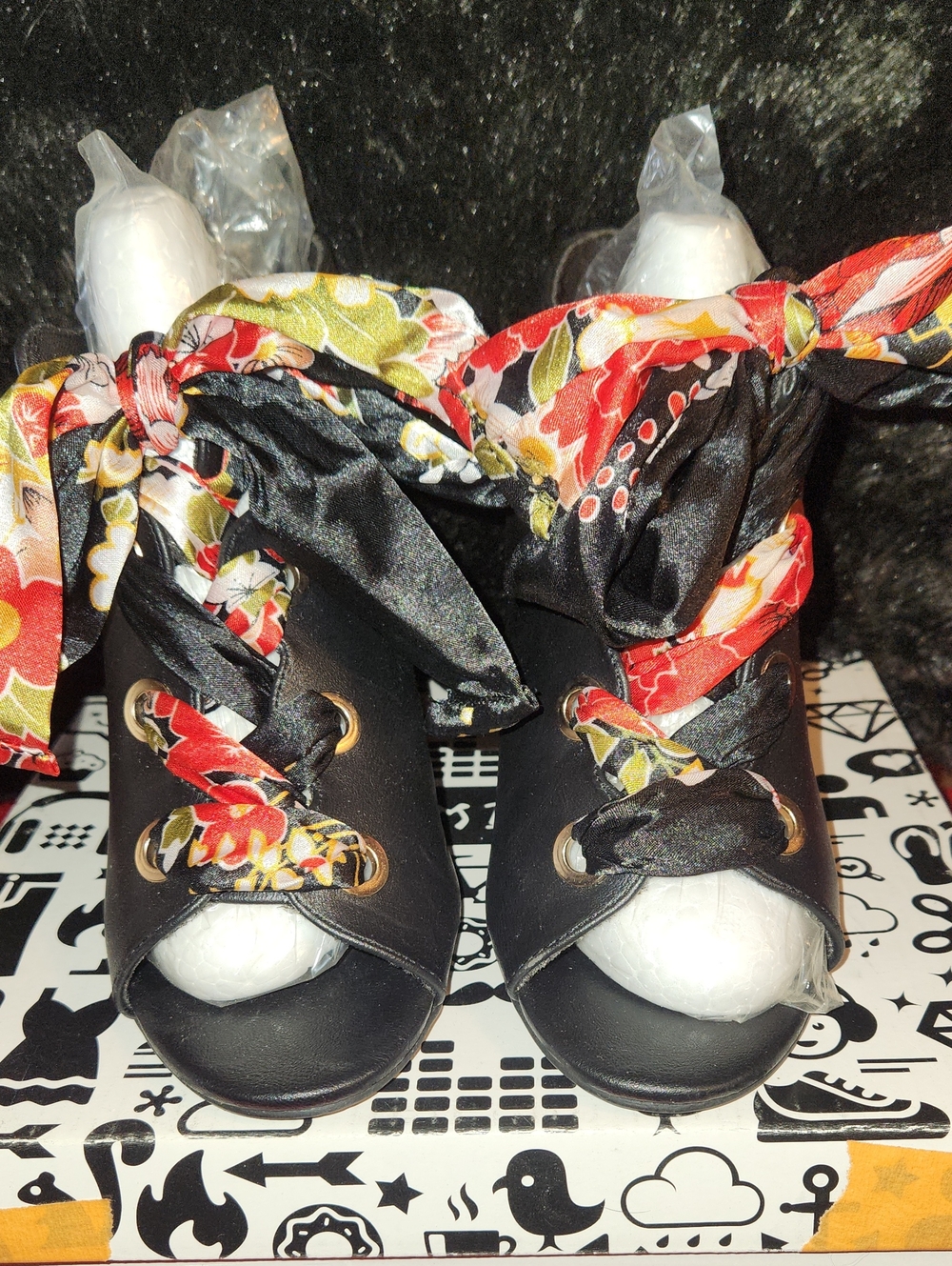 BAMBOO Black Peep-Toe Heels with Floral Ribbon Laces